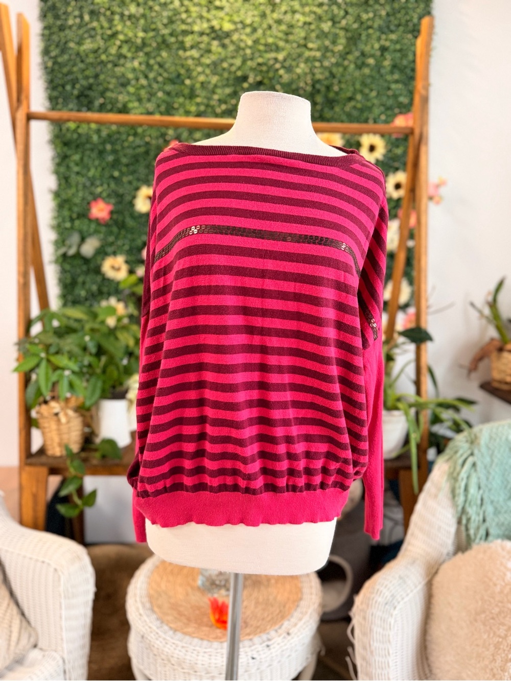 a.n.a Pink and Black Striped Boatneck Sweater Top